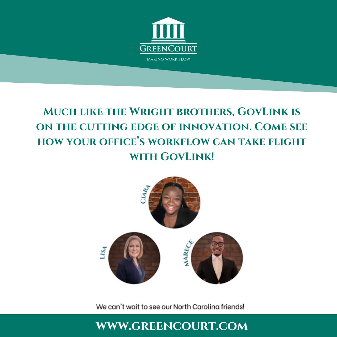 GreenCourtTech's tweet image. ✈️ GreenCourt is heading to North Carolina! GovLink helps streamline workflow, cut delays &amp;amp; modernize operations.

Ciara, Lisa &amp;amp; Marece can’t wait to help your office take flight!

🌐 Greencourt.com
#GovLink #GreenCourt #CourtTech #NorthCarolina