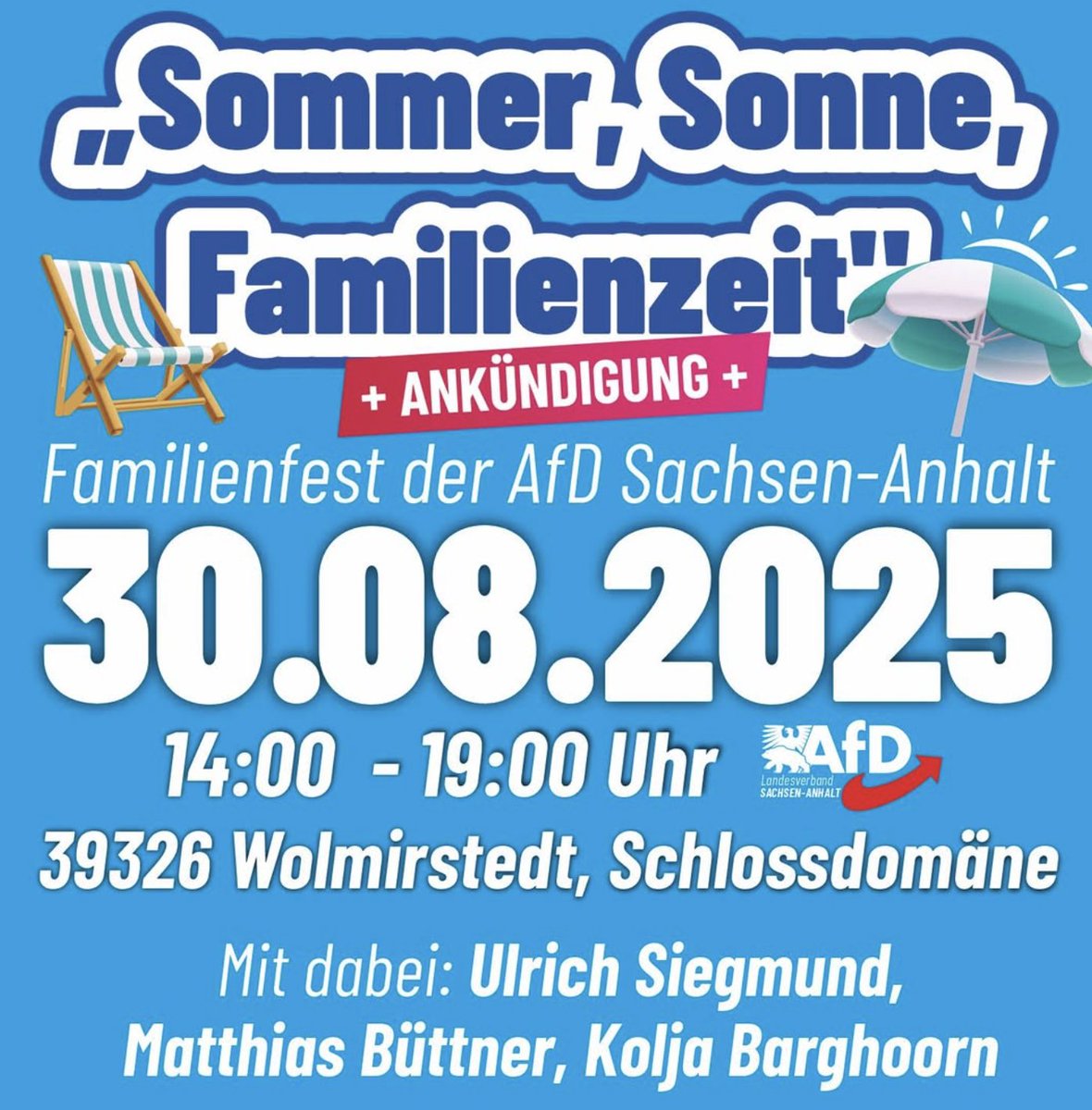Kolja Barghoorn (@mitaktien) on Twitter photo Leute das wird so genial am 30.08. beim Sommerfest! Wir haben ein Hammer-PROGRAMM vorbereitet. Ich hoffe, dass Wetter spielt mit! #Wolmirstedt
<a href="/UlrichSiegmund/">Ulrich Siegmund</a> Leute das wird so genial am 30.08. beim Sommerfest! Wir haben ein Hammer-PROGRAMM vorbereitet. Ich hoffe, dass Wetter spielt mit! #Wolmirstedt
<a href="/UlrichSiegmund/">Ulrich Siegmund</a>