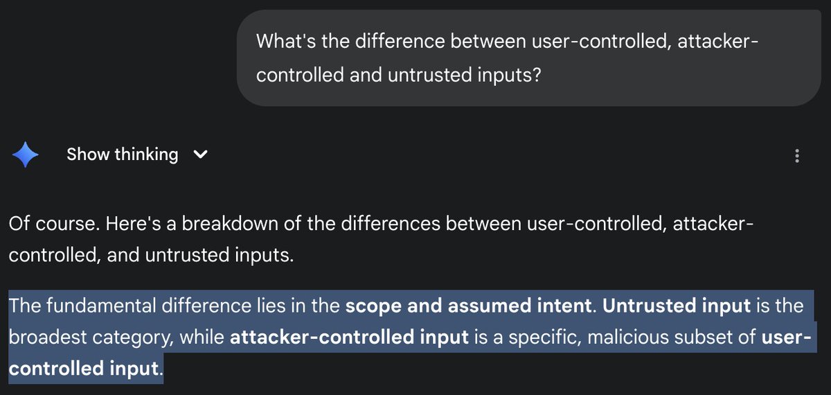 LiveOverflow's tweet image. Context engineering is really hard. Today I learned &quot;attacker-controlled&quot; input is understood as a subset of &quot;user-controlled&quot; input. Where the fuck is this stupid definition coming from?