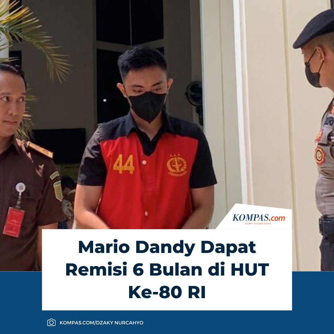 kompascom's tweet photo. Terpidana kasus penganiayaan Mario Dandy Satrio mendapatkan remisi 6 bulan pada peringatan HUT ke-80 RI, Minggu (17/8/2025).

👉Baca selengkapnya  https://t.co/sTzjzpaTTb

~LL #Remisi #MarioDandy https://t.co/rIGajOJZ1K