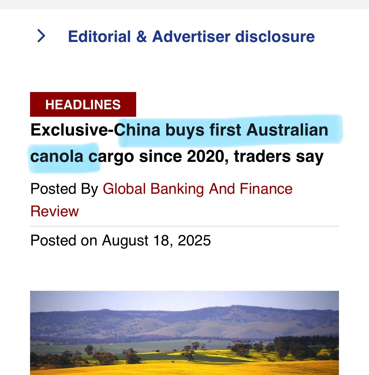 YIKES 🇨🇦 CHINA just bought their first CANOLA cargo from Australia since 2020, 
as ties between China and Canada are breaking apart. NOT GOOD for Canada