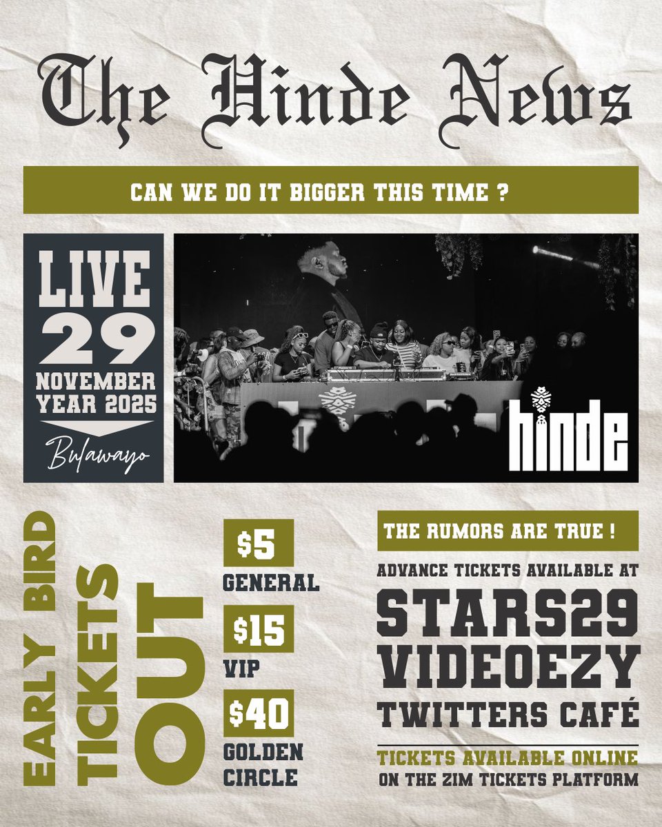 🎉 Don't miss out! 

HINDE 

A SPACE WHERE PEOPLE NETWORK &amp; MINGLE TO GOOD MUSIC... 

29 Nov, 2025 

🚀 Get your tickets NOW for an unforgettable experience! Limited spots! 

👇 

 zimtickets.com//event/hinde-s…
