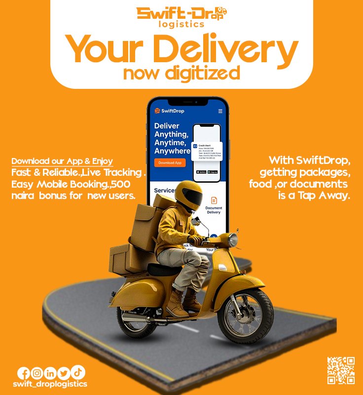 Designsbytbanj's tweet image. ✨ Day 06 of our 10-Day Swift-Drop Series!
Your deliveries just got smarter 📲. With Swift-Drop, you can now digitize your orders, making tracking, updates, and convenience easier than ever before.
🚀 Swift. Reliable. Digital.
📦 Let’s move you forward!
#SwiftDrop #Logistics #de