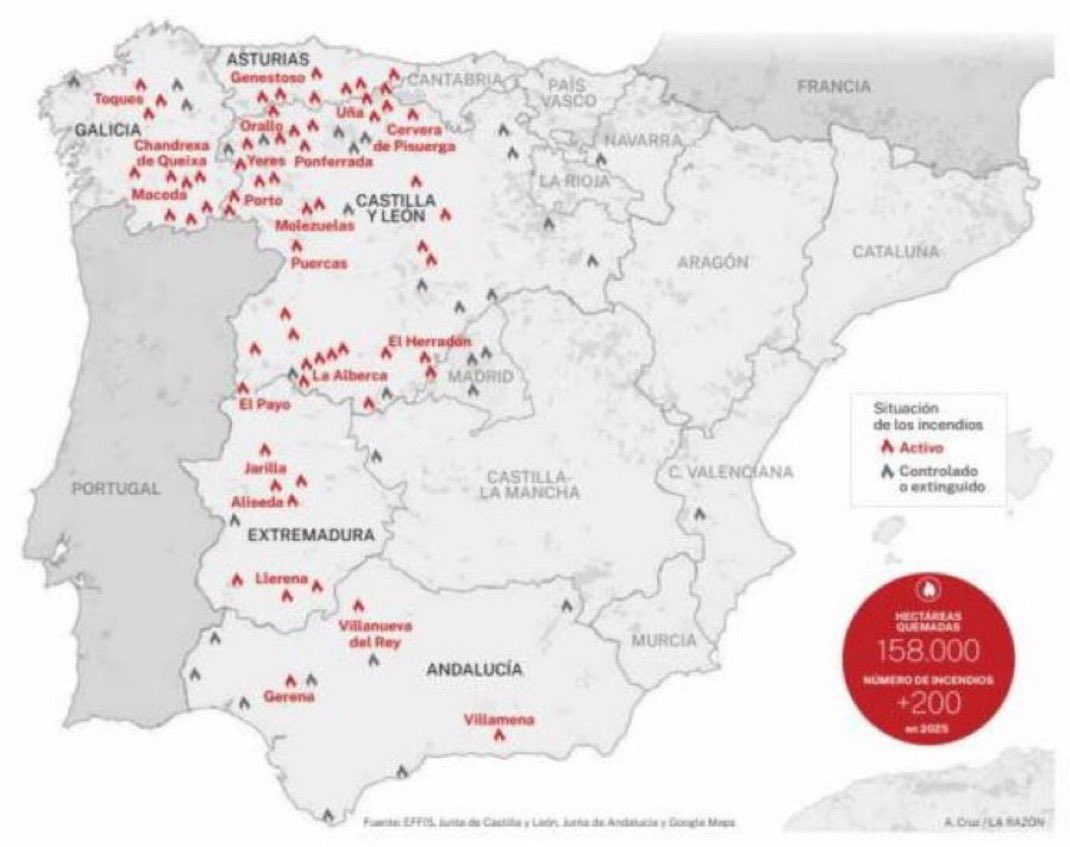 AzotandoM's tweet photo. ¿Algún experto del cambio climático que nos alumbre de su sabiduría del porqué los incendios este 2025, solo afectan a la parte Oeste de España, cuyos focos coinciden en ubicación con el acuerdo del Ejecutivo con China para explotación de tierras raras conteniendo metales raros? https://t.co/0mO7WOa4eA