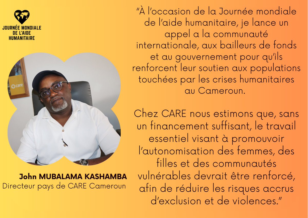 "Je lance un appel a la communauté internationale, aux bailleurs de fonds et au gouvernement pour qu’ils renforcent leur soutien aux populations touchées par les crises humanitaires au #Cameroun."  

John MUBALAMA, directeur pays <a href="/CareCameroun/">CARE Cameroun Officiel</a> 

#WHD2025 
#AgirPourLHumanité