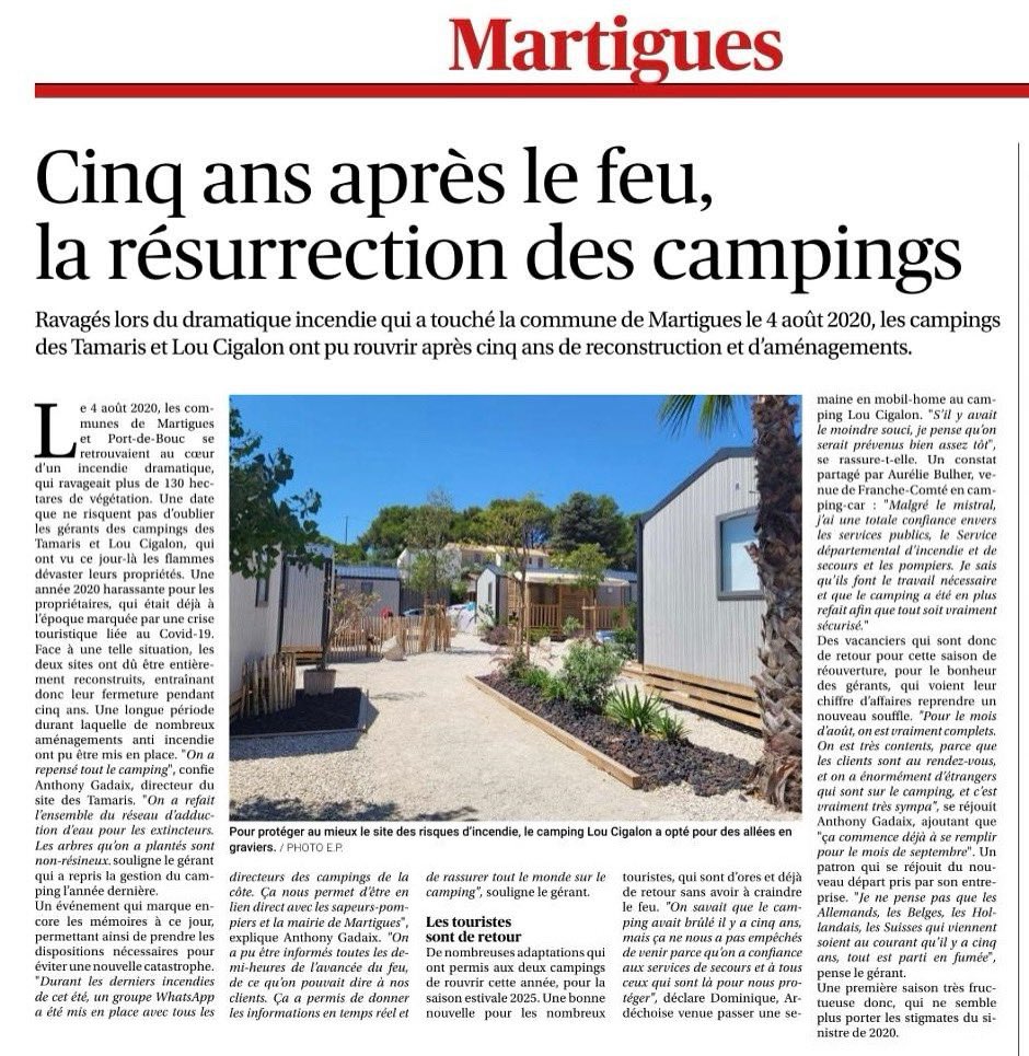 À Martigues, les #campings 🏕️ rouvrent après l’épreuve du feu ! 

5 ans plus tard, ces établissements accueillent à nouveau les vacanciers avec de nouveaux aménagements anti-incendie, des infrastructures modernisées pour plus de sécurité et de confort, des arbres non résineux !