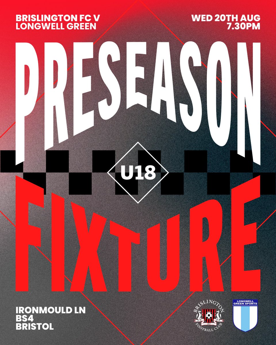 Brislington FC U18 (@brisfcu18) on Twitter photo ⚽️ U18 PRE-SEASON
Our last friendly before the season starts – a stern test against Premier Division opposition as we welcome our friends & neighbours <a href="/LWGSports18s/">Longwell Green Sports u18s 🏆</a>
📅 Wed 20 Aug
⏰ 7.30pm
📍Poplar Stadium
Come along & show your support!
<a href="/BrislingtonFC/">Brislington FC</a> <a href="/wcfyl/">Western Counties Floodlight Youth League</a> <a href="/swsportsnews/">South West Sports News</a> ⚽️ U18 PRE-SEASON
Our last friendly before the season starts – a stern test against Premier Division opposition as we welcome our friends & neighbours <a href="/LWGSports18s/">Longwell Green Sports u18s 🏆</a>
📅 Wed 20 Aug
⏰ 7.30pm
📍Poplar Stadium
Come along & show your support!
<a href="/BrislingtonFC/">Brislington FC</a> <a href="/wcfyl/">Western Counties Floodlight Youth League</a> <a href="/swsportsnews/">South West Sports News</a>