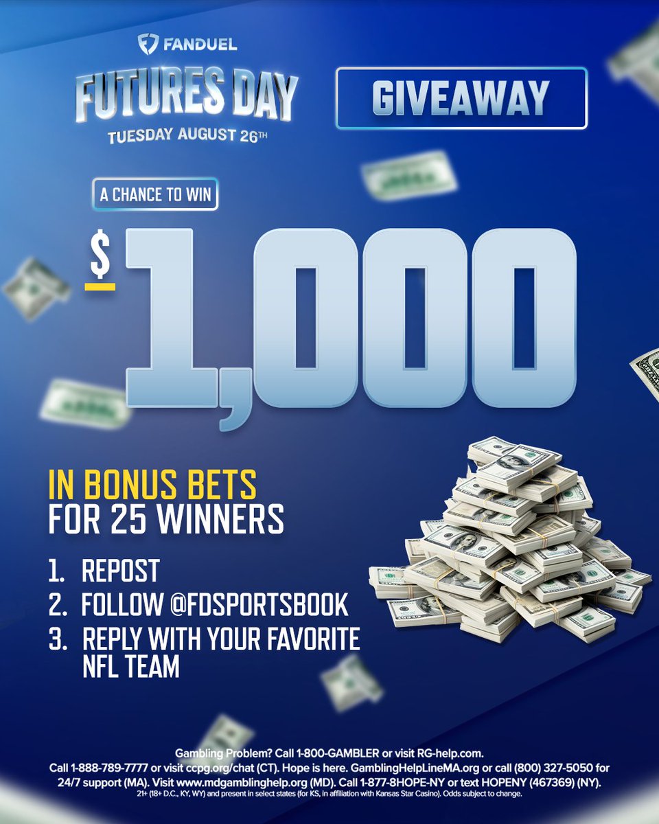 FanDuel Sportsbook (@fdsportsbook) on Twitter photo 🚨 GIVEAWAY 🚨
Futures Day is coming on 8/26! To celebrate, we're giving away $1,000 in Bonus Bets to 25 customers 🤑
For a chance to win:
1️⃣ REPOST
2️⃣ FOLLOW <a href="/FDSportsbook/">FanDuel Sportsbook</a>
3️⃣ REPLY with your favorite NFL team
Winners will be selected on 8/25
Rules: linktr.ee/FanDuel 🚨 GIVEAWAY 🚨
Futures Day is coming on 8/26! To celebrate, we're giving away $1,000 in Bonus Bets to 25 customers 🤑
For a chance to win:
1️⃣ REPOST
2️⃣ FOLLOW <a href="/FDSportsbook/">FanDuel Sportsbook</a>
3️⃣ REPLY with your favorite NFL team
Winners will be selected on 8/25
Rules: linktr.ee/FanDuel