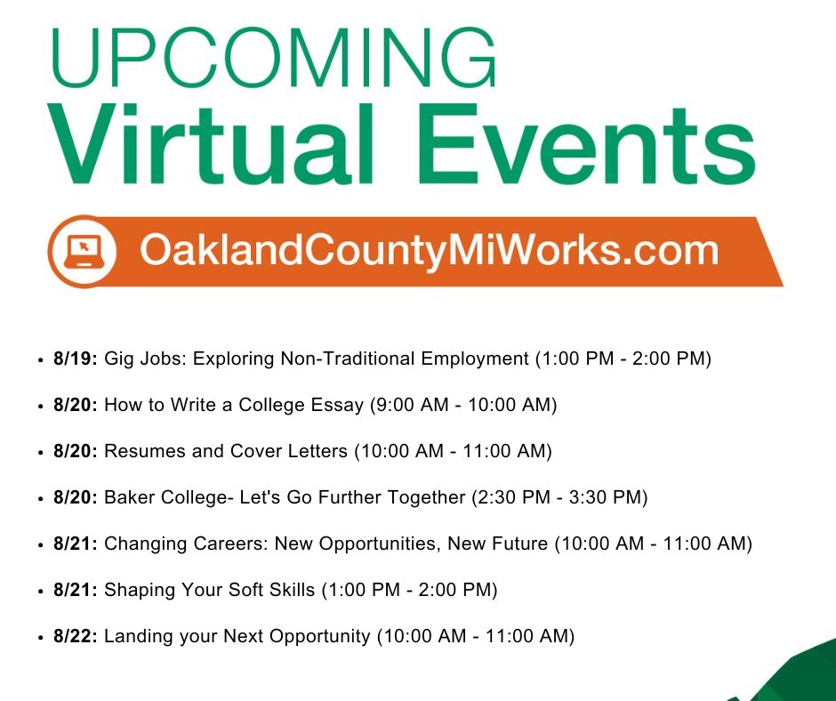 Access career coaching from your house! Each week, #OaklandCounty Michigan Works! and our #Oakland80 Career and Education navigators offer a series of virtual workshops for jobseekers and future students looking for career and education resources. RSVP at tinyurl.com/35r8hrek!