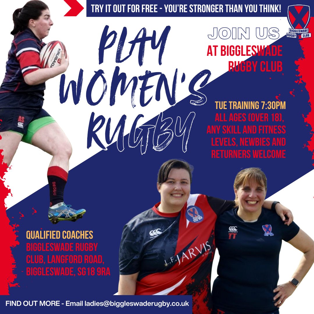 🏉TRY US OUT!🏉
Biggleswade Women's rugby pre-season fitness &amp; training is underway - why not try it for free!
Tuesdays, 7:30pm, new players welcome. All ages (over 18), all levels of experience.
Qualified coaches will build up your skills &amp; confidence &amp; make it fun.