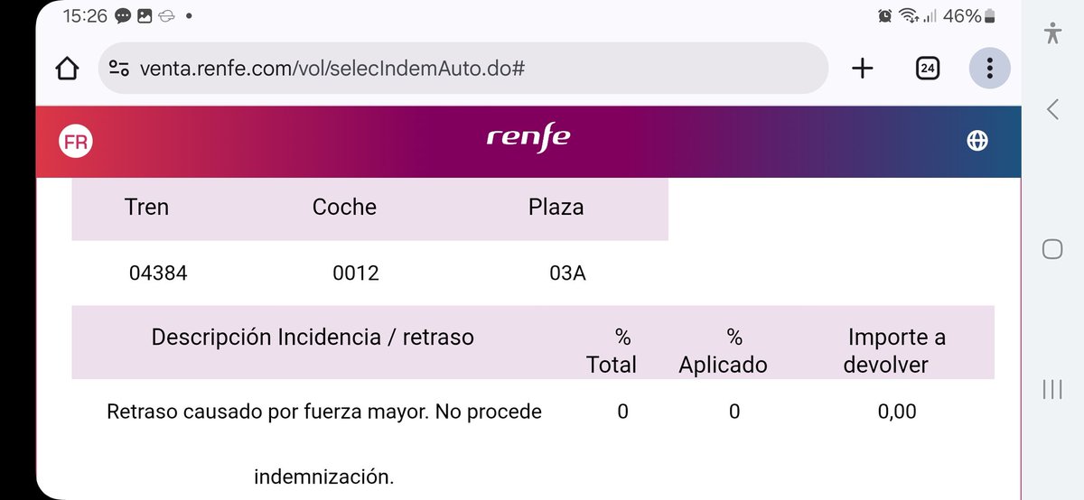 froilancabria's tweet photo. @Inforenfe Mentira. Alegan que el retraso es por fuerza mayor y no procede indemnización. https://t.co/GB1D9u5pHB