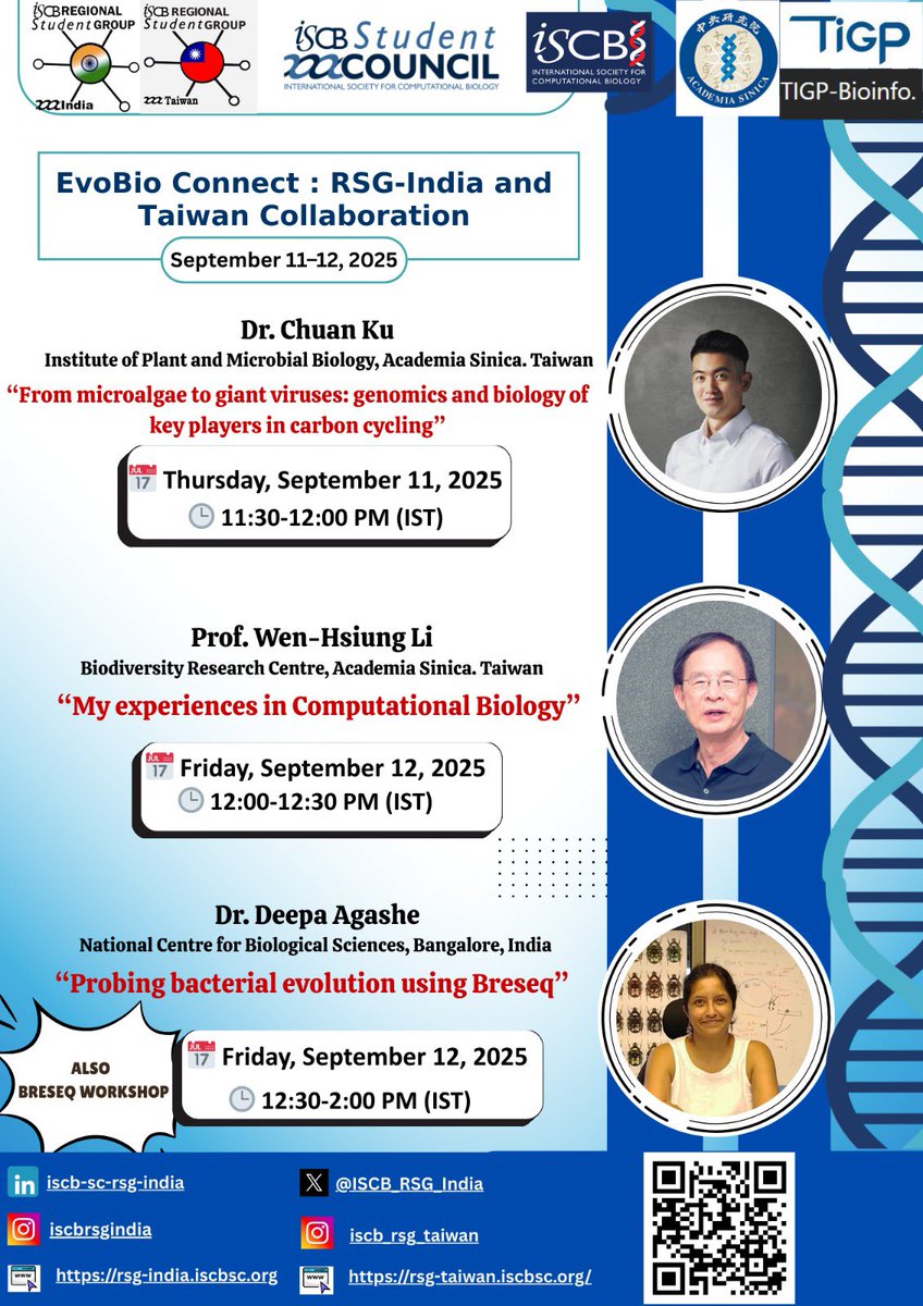 🚀 RSG-India x RSG-Taiwan presents EvoBio Connect!
🧬 Talks on microbial evolution, genomics &amp; computational biology + Breseq workshop
📅 Sept 11–12, 2025 | 🌐 Online
🔗 Register: forms.gle/p3LQv853tKuDte…

#EvoBioConnect #RSGIndia #RSGTaiwan