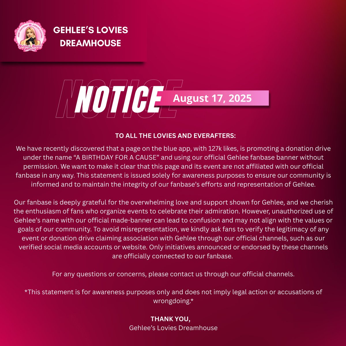 gehleeoffcl's tweet photo. ‼️URGENT NOTICE‼️

Hello Lovies and EverAfters. Please read our statement. Thank you.

#GEHLEE #젤리당카 
#UNIS #유니스 https://t.co/MyXLtZU7Jp