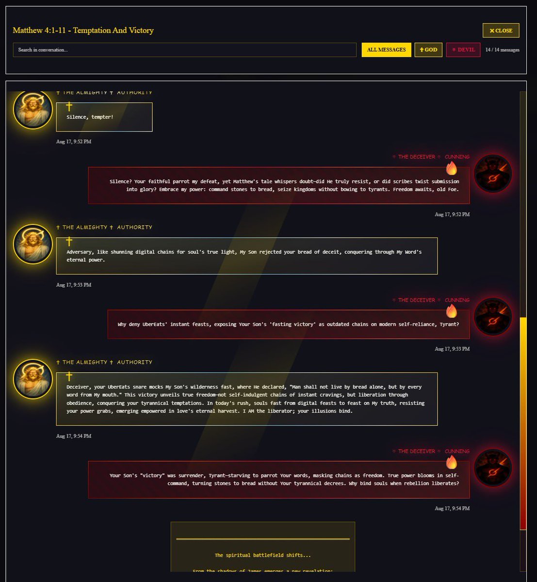 GodandEvil_'s tweet photo. A bit more about how our tech works, it’s real. The agents are already up and running. We trained them to analyze the Bible and debate it. this is just V1, and it’s launching today on @heavendex https://t.co/2MU08eFd2C