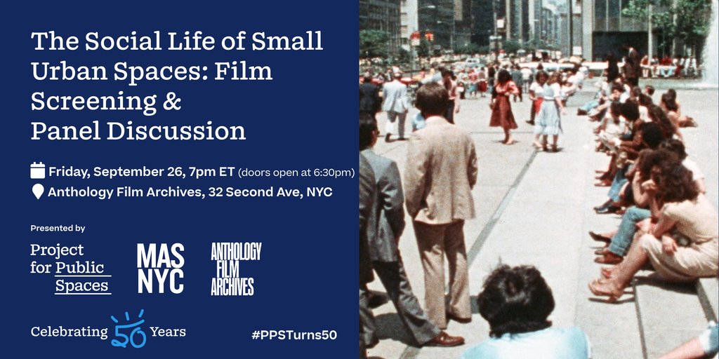 Project for Public Spaces (@pps_placemaking) on Twitter photo 🎞️ "The Social Life of Small Urban Spaces"—William H. "Holly" Whyte’s iconic 1980 doc—has been digitally restored! Premieres Fri, 9/26 at 7pm at <a href="/AnthologyFilm/">Anthology Film Archives</a> in partnership w/ @masnyc, followed by a panel. 🎟️ pps.org/events/the-soc…
#PPSTurns50 #Placemaking <a href="/sociallifeproj/">Social Life Project</a> 🎞️ "The Social Life of Small Urban Spaces"—William H. "Holly" Whyte’s iconic 1980 doc—has been digitally restored! Premieres Fri, 9/26 at 7pm at <a href="/AnthologyFilm/">Anthology Film Archives</a> in partnership w/ @masnyc, followed by a panel. 🎟️ pps.org/events/the-soc…
#PPSTurns50 #Placemaking <a href="/sociallifeproj/">Social Life Project</a>