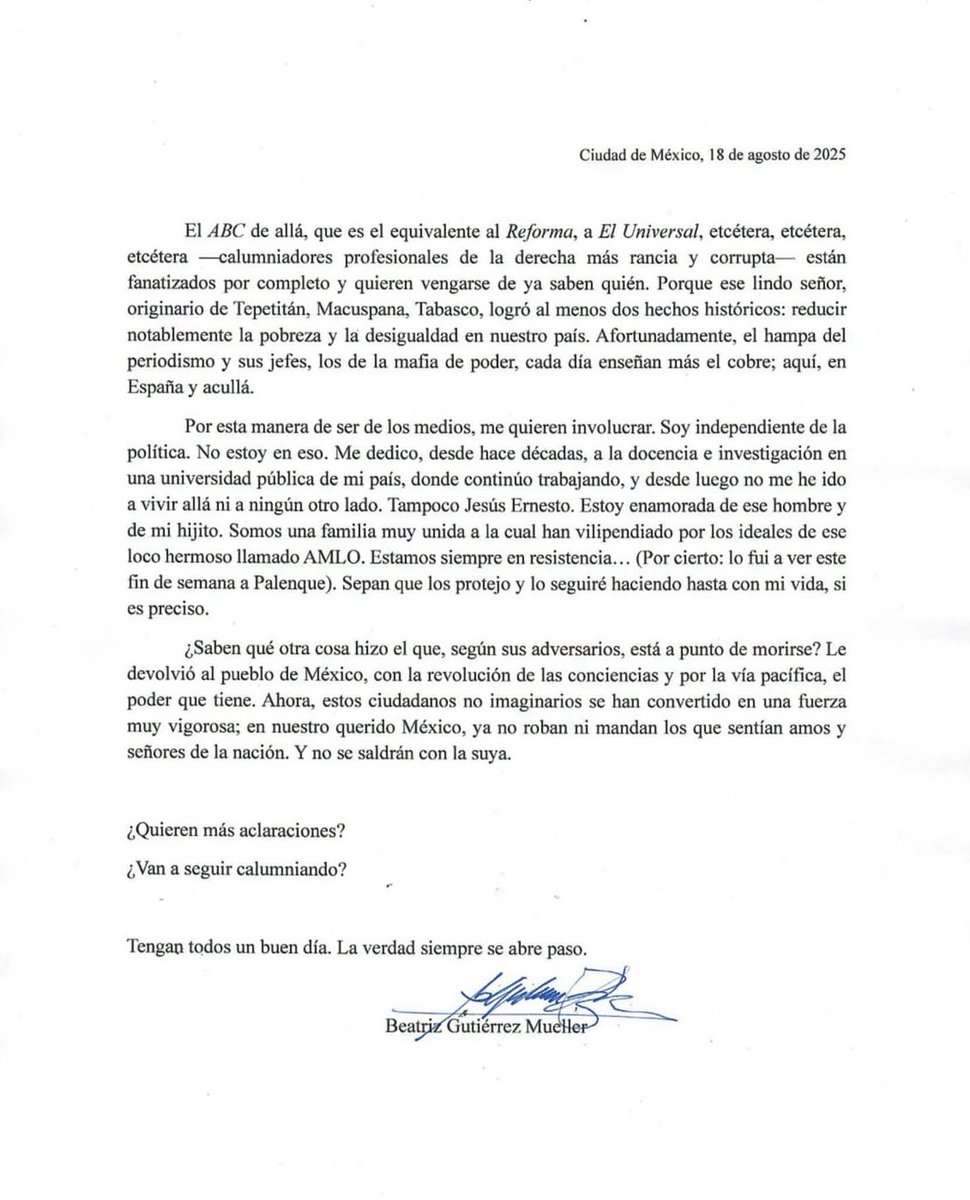 Comunicado de <a href="/BeatrizGMuller/">Beatriz Gutiérrez Müller</a> sobre señalamientos: