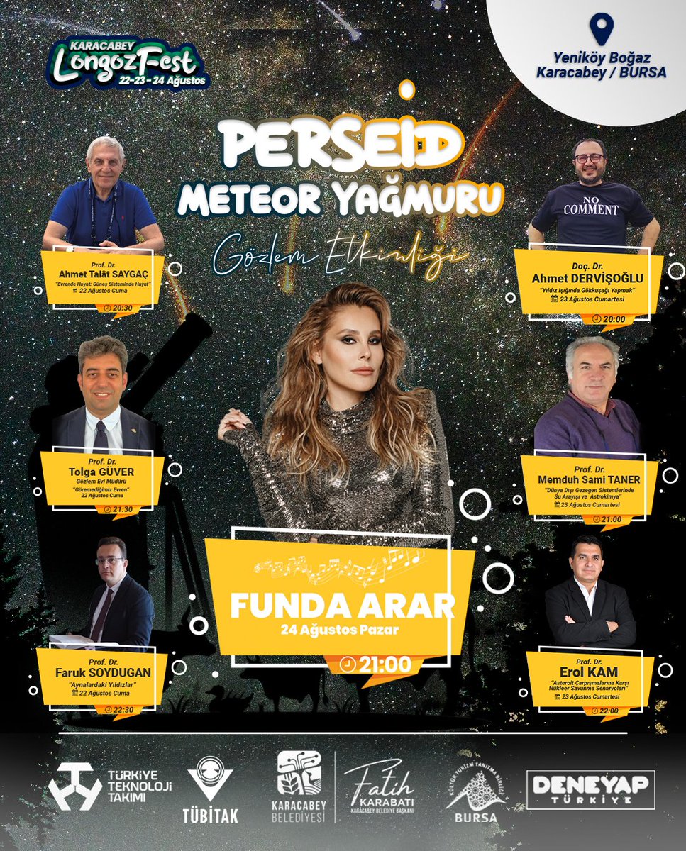 🌌✨ Geri Sayım Başladı. ✨🌌

Karacabey LongozFest 2025’te Perseid Meteor Yağmurunu izlemek için yıldızların altında buluşuyoruz 🌠💫

🗓 22-23-24 Ağustos | 📍 Yeniköy Boğazı

🎨 Atölyeler | 🎤 Funda Arar | 🔭 Gökyüzü Gözlemleri

#LongozFest2025 #PerseidMeteorYağmuru