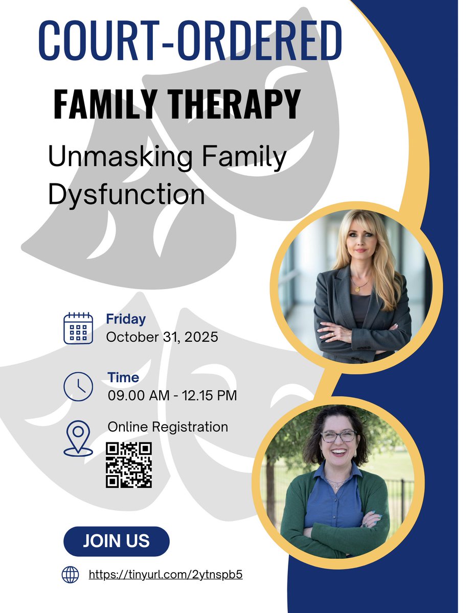 ChristyDGram's tweet photo. New Online Training-Court Ordered Family Therapy - Unmasking Family Dynamics https://t.co/YluXvwQ3YV us on October 31, 2025 at 9:00 AM for an eye-opening session delving into the complexities of family relationships. https://t.co/GLzehJIF48