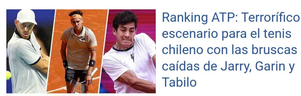 Que pasa con los Tenistas Chilenos ?
No tenemos ningún Top 20..
<a href="/TNTSportsCL/">TNT Sports Chile</a> <a href="/ESPNtenis/">ESPN Tenis</a> <a href="/ESPNChile/">ESPN Chile</a> <a href="/TVN/">TVN</a> <a href="/Mega/">Mega</a> <a href="/T13/">T13</a> <a href="/NicoJarry/">Nicolas Jarry Fillol</a> <a href="/Garin_Cris/">Cristian Garin</a>