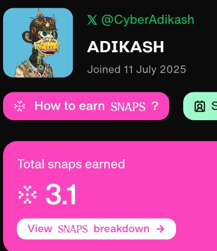 Woke up Web3 Legend 🔥
I earned 3.1 SNAPS today 😍 

Make sure to engage daily these alpha- they can make future 🔮

The earned snaps-
✒️ <a href="/LABtrade_/">LAB</a>  0.09
✒️ <a href="/antix_in/">Antix.in</a>  0.23
✒️ <a href="/VeloraDEX/">Velora (formerly ParaSwap)</a>  0.05
✒️ <a href="/build_on_bob/">BOB</a> 0.06

Which project you are cooking now ? 

Be Consistent
gCookie 🍪