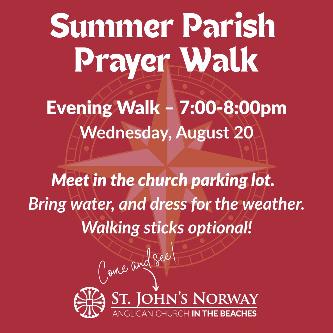 stjnorway's tweet photo. This Wednesday at 7PM, join us for our final Summer Parish Prayer Walk.  We'll meet at the church first then walk north, uphill towards the future! If you can't make it, come to Mid-Week Eucharist earlier in the day at 12noon. Come and see!  #stjohnsnorway #torontoanglican https://t.co/9xBWx6LACY