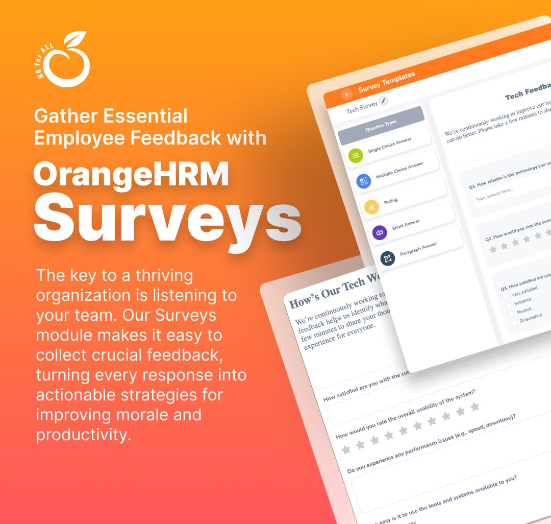 orangehrm's tweet photo. Want to create a more engaged workplace? It starts with listening. Learn more about the OrangeHRM Surveys module. Book a FREE demo today!
https://t.co/zNPh26idE5
#surveys #employeefeedback #EmployeeEngagement #employeewellbeing #engagement #PulseSurvey #OrangeHRM https://t.co/sAFk7xu7Ss