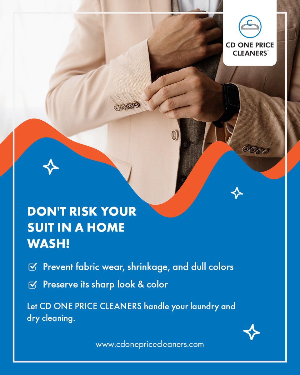 CDOnePrice's tweet image. Thinking of Tossing Your Suit in the Washer? Not So Fast!

Suits aren’t just clothes—they're tailored investments.
Home washing can shrink, fade, and ruin the shape of your suit.

❌ Avoid costly mistakes: misshapen shoulders, faded color, stubborn wrinkles.

#CDOnePriceCleaners