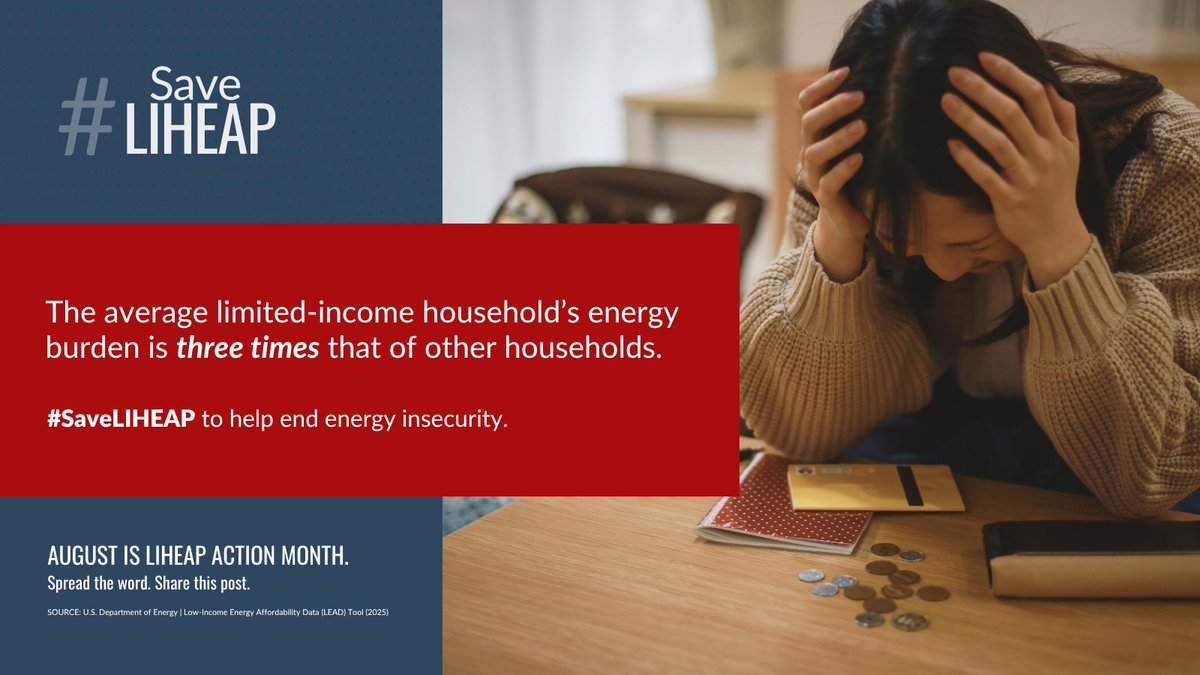 APGA's tweet image. August is LIHEAP Action Month! The average limited-income household’s energy burden is three times that of other households. #SaveLIHEAP to help end energy insecurity. Take action: linktr.ee/theNEUAC