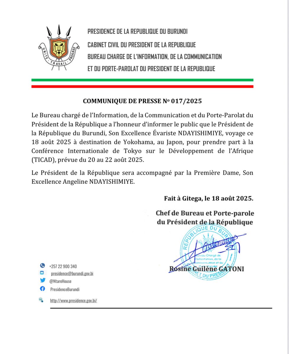 Ntare Rushatsi House (@ntarehouse) on Twitter photo Communiqué sur le voyage du Président de la République du #Burundi, SE <a href="/GeneralNeva/">SE Evariste Ndayishimiye</a>, accompagné par SE <a href="/Burundi1stLady/">Angeline Ndayishimiye Ndayubaha</a>, à destination du #Japon où il prendra part à la #TICAD2025 Communiqué sur le voyage du Président de la République du #Burundi, SE <a href="/GeneralNeva/">SE Evariste Ndayishimiye</a>, accompagné par SE <a href="/Burundi1stLady/">Angeline Ndayishimiye Ndayubaha</a>, à destination du #Japon où il prendra part à la #TICAD2025