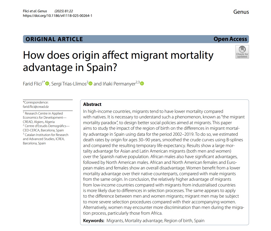 My latest article in <a href="/GENUS_journal/">GENUS</a>, coauthored with <a href="/sergi_tl/">Sergi TL</a> &amp; Inaki Permanyer,  shows that migrants from less developed world regions are more likely to have a mortality advantage compared to natives. Read more here: genus.springeropen.com/articles/10.11…