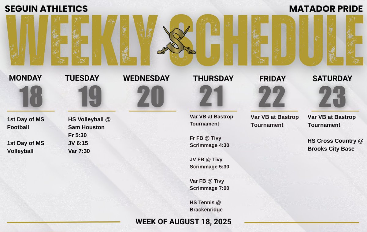 🏈🏐🎾🏃 Matador Nation, it's game time!
This week is PACKED with action and our Matadors need YOU in the stands! Whether they're spiking on the volleyball court, serving up wins on the tennis courts, scoring touchdowns on the football field, or racing to the finish line on the