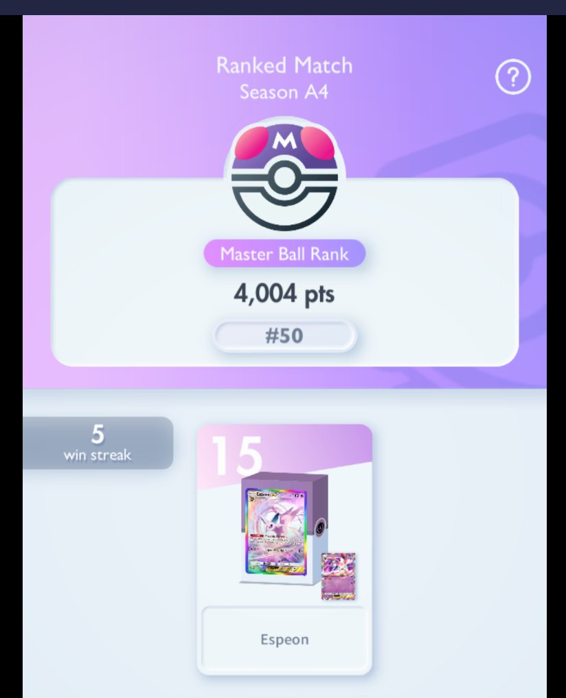 Got the 4k pts and made it to top 50 with my espeon deck. 😍
#PokemonTCGpocket #ポケポケ