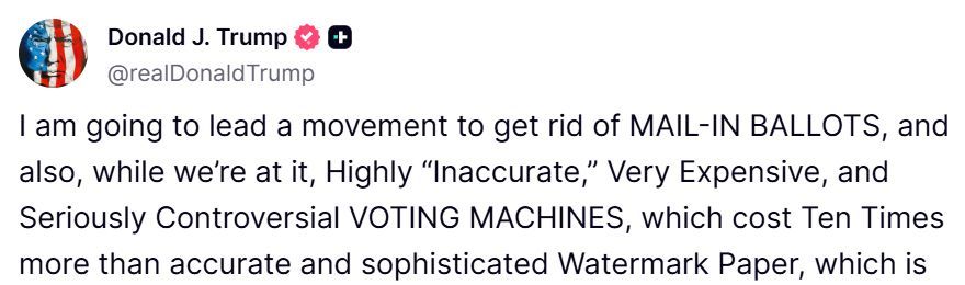 False claims like this — that voting machines are highly inaccurate — used to be the kind of misinformation that <a href="/CISAgov/">Cybersecurity and Infrastructure Security Agency</a> would debunk on its "Rumor Control" website. Now these claims are coming from CISA's boss and its debunking site is gone. truthsocial.com/@realDonaldTru…