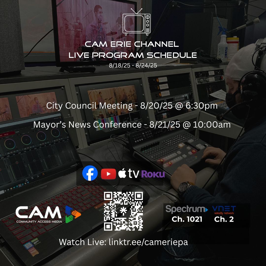 CAMEriePA's tweet image. Our weekly live programming lineup for the week of 8.18.25 to 8.24.25.  Explore our full schedule at camerie.org/vod. Catch the live broadcasts on Roku or Apple TV by installing our CAMEriePA app. #CAMERIEPA #LIVEPROGRAMMING #CITYOFERIE