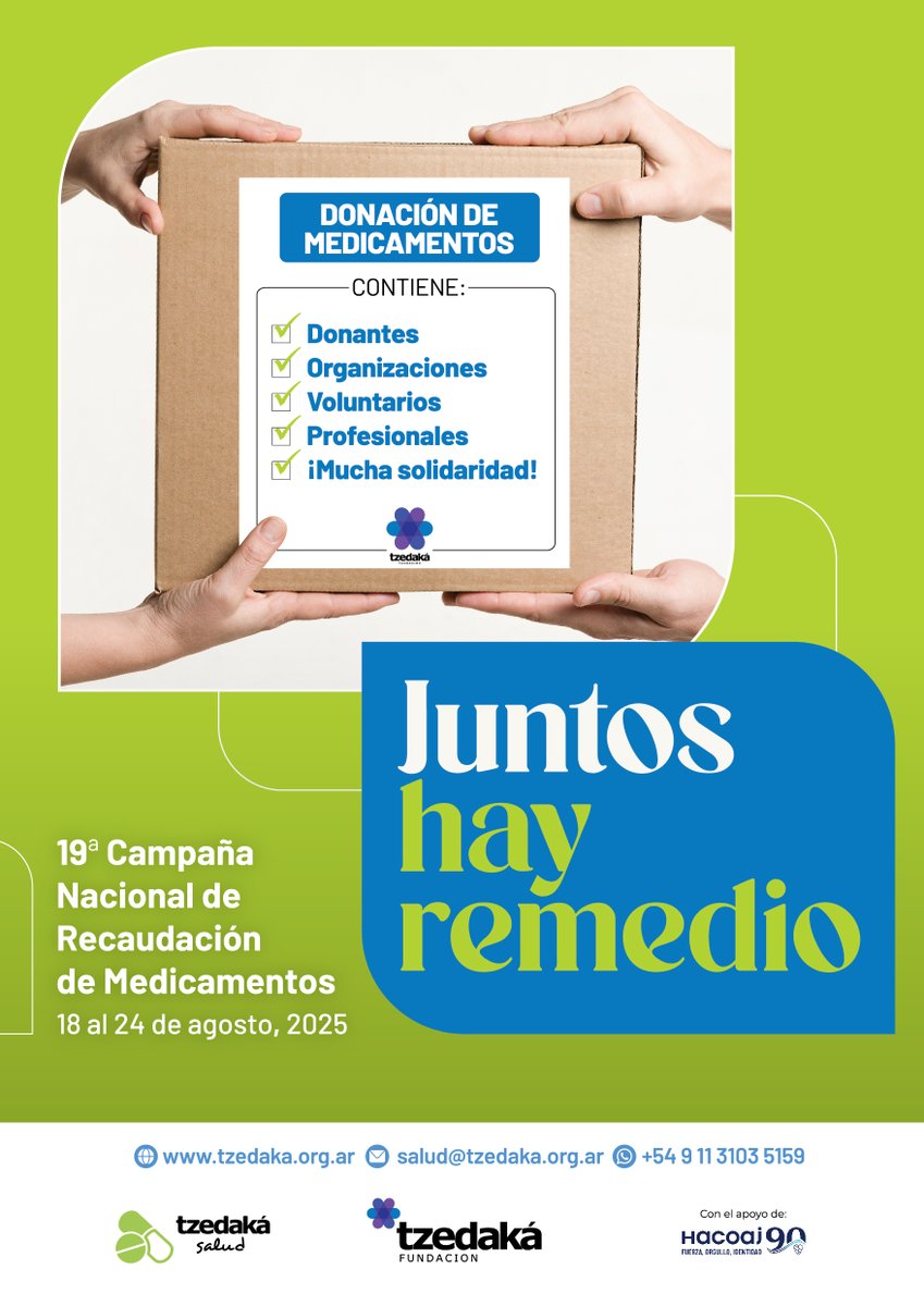 📢 Arrancamos! 💊 19ª Campaña Nacional de Recaudación de Medicamentos
📅 Del 18 al 24 de agosto

Juntos hay remedio, ¡sumate! DONÁ medicamentos y ayudá a miles de personas que los necesitan.

👉 tzedaka.org.ar/medicamentos-2…

📞1131035159 (Whatsapp)
📧 salud@tzedaka.org.ar