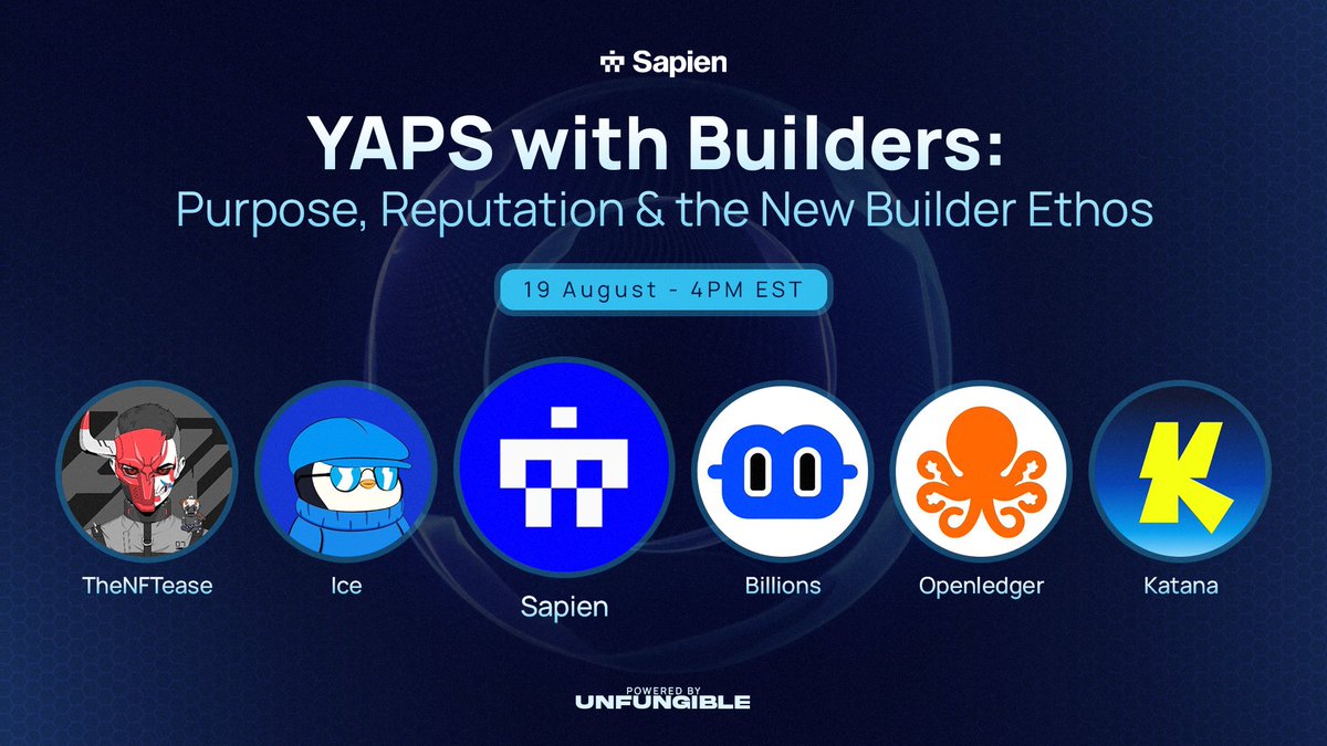 Sapien (@playsapien) on Twitter photo Hey there Sapiens!
Mark your calendars for tomorrow, August 19th at 4 PM Eastern Time to join <a href="/TheNFTease/">TheNFTease 🦇🔊</a> and <a href="/ice_nfts/">Ice</a> for when we discuss Purpose, Reputation, and the New Builder Ethos!
<a href="/billions_ntwk/">Billions</a>
<a href="/OpenledgerHQ/">Openledger</a>
<a href="/katana/">katana ⚔️</a>
See you then! 👇 Hey there Sapiens!
Mark your calendars for tomorrow, August 19th at 4 PM Eastern Time to join <a href="/TheNFTease/">TheNFTease 🦇🔊</a> and <a href="/ice_nfts/">Ice</a> for when we discuss Purpose, Reputation, and the New Builder Ethos!
<a href="/billions_ntwk/">Billions</a>
<a href="/OpenledgerHQ/">Openledger</a>
<a href="/katana/">katana ⚔️</a>
See you then! 👇