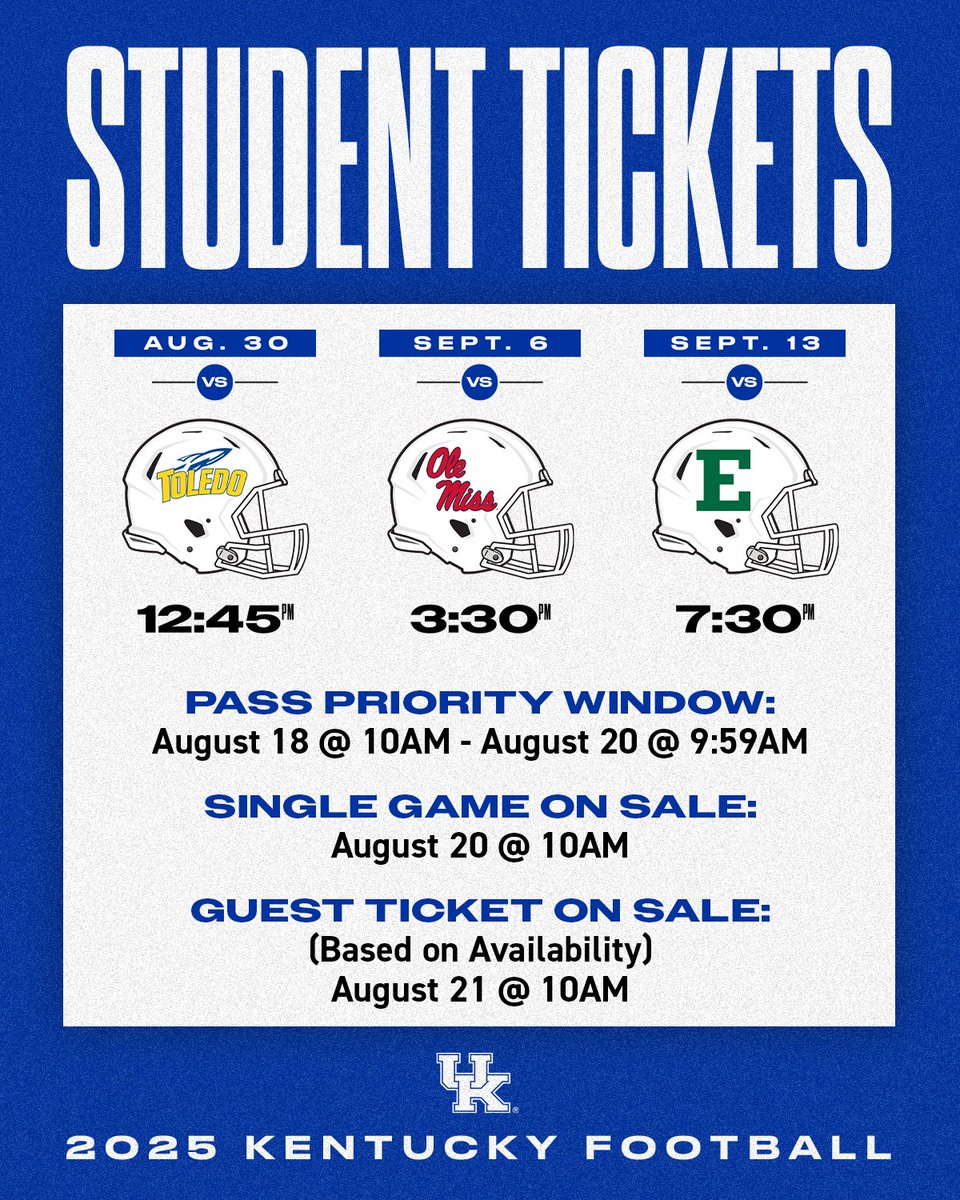 The claim window is now available for students with the season pass for the first three football games!

Single game tickets for those without a pass will be available starting Wednesday. 

Purchase a season pass: bit.ly/4fDC1SG