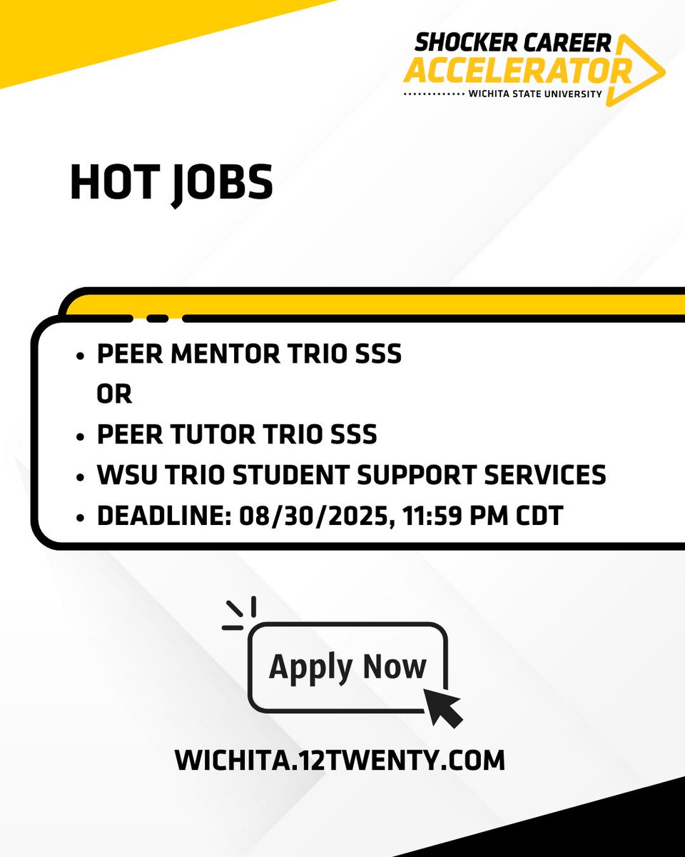 Hot student opportunity alert! Whether you're great at guiding peers or love tutoring — TRIO SSS has the role for you:
- Peer Mentor or Peer Tutor
- WSU TRIO Student Support Services
- Apply by Aug. 30 at 11:59 p.m. CDT
wichita.12twenty.com