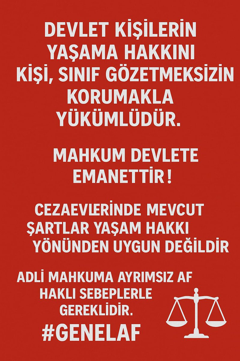 Ahmet Tac (@ahmet_tac55316) on Twitter photo GenelAf Sebepleri 🇹🇷
Adaletli yargılanmıyoruz YETMİYOR
Ağır cezalar alıyoruz YETMİYOR
Çocuklar ebeveynlerine hasret büyüyor YETMİYOR
Cezaevleri dolu YETMİYOR
Cezaevleri işkence evi oldu YETMİYOR.
ÖLÜNCE Mİ YETECEK? 🇹🇷🗣️🗣️🗣️
<a href="/MhpTbmmGrubu/">MHP TBMM Grubu #MHP</a>
<a href="/dbdevletbahceli/">Devlet Bahçeli</a> <a href="/YildizFeti/">Feti Yıldız</a> GenelAf Sebepleri 🇹🇷
Adaletli yargılanmıyoruz YETMİYOR
Ağır cezalar alıyoruz YETMİYOR
Çocuklar ebeveynlerine hasret büyüyor YETMİYOR
Cezaevleri dolu YETMİYOR
Cezaevleri işkence evi oldu YETMİYOR.
ÖLÜNCE Mİ YETECEK? 🇹🇷🗣️🗣️🗣️
<a href="/MhpTbmmGrubu/">MHP TBMM Grubu #MHP</a>
<a href="/dbdevletbahceli/">Devlet Bahçeli</a> <a href="/YildizFeti/">Feti Yıldız</a>