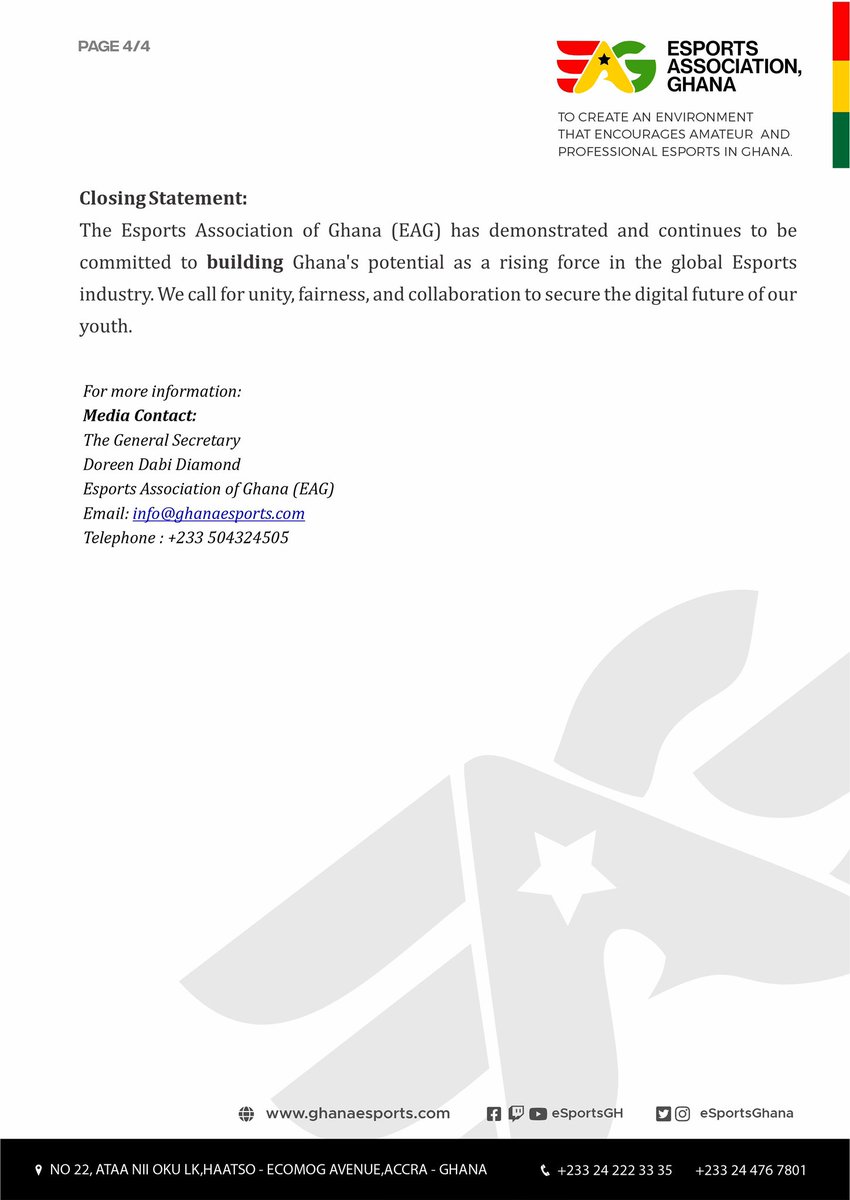 📢 EAG provides clarity
We have released a Q&amp;A to address recent misconceptions regarding the #GhanaEsportsLeague.

Our focus remains on fostering truth, fairness, and recognition for the growth of Esports in Ghana. 🎮✨

Read more 👇
#EsportsGhana #EAG #Clarification #Esports