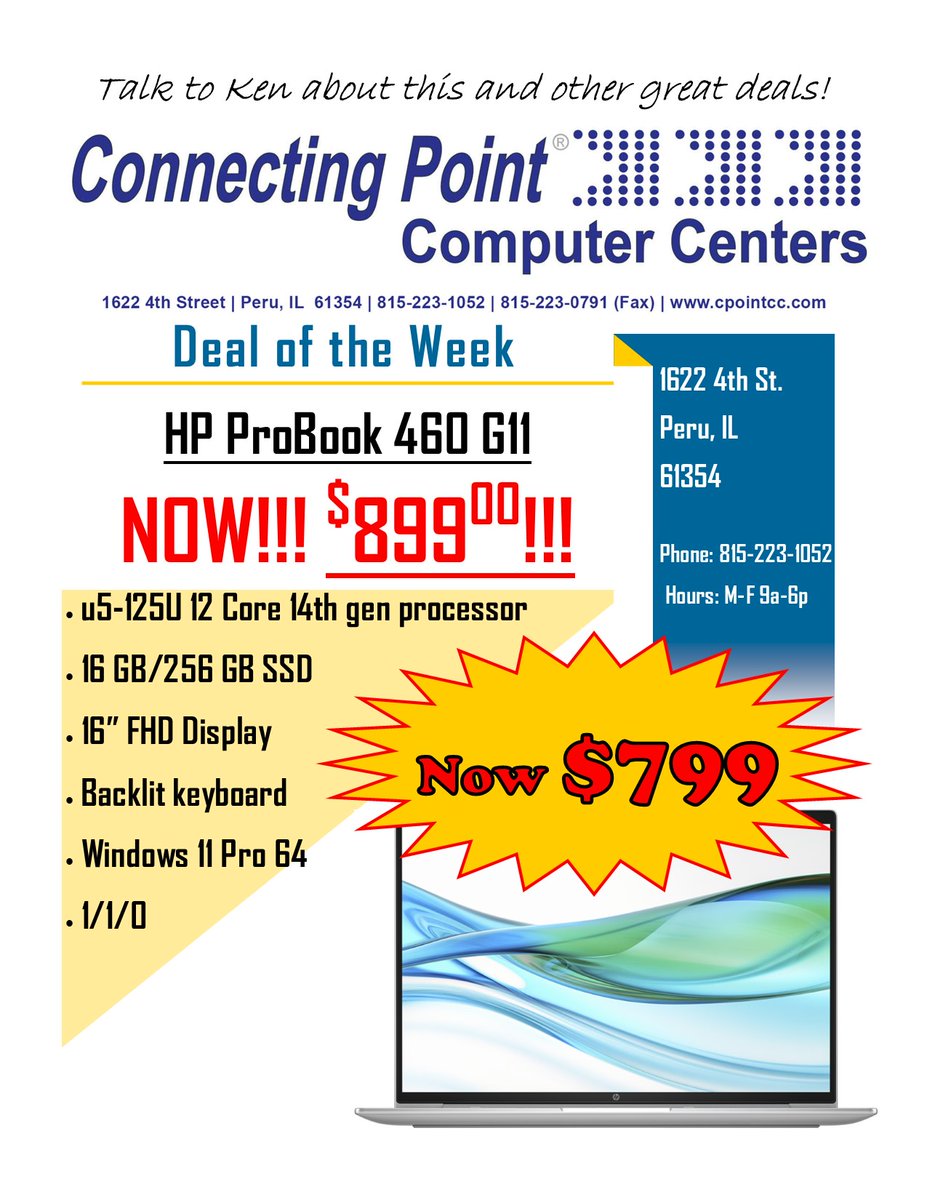cpointccivnet's tweet image. POTW 8-18-25 HP Probook 460 G11 Now $799.00 cpointcc.com/blog/1534-potw… #computerrepair #pcrepair
