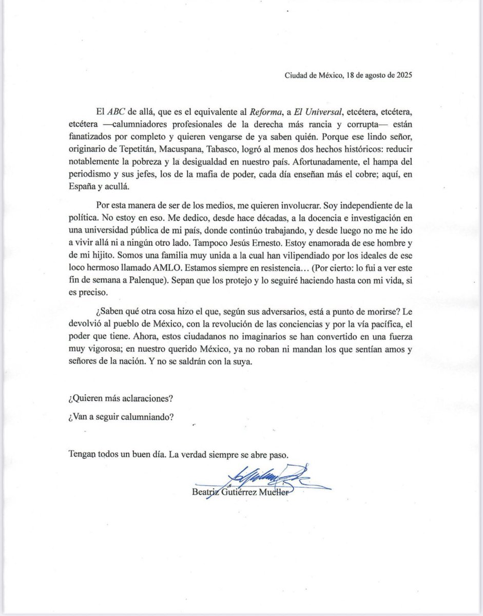 Niega <a href="/BeatrizGMuller/">Beatriz Gutiérrez Müller</a> que viva en España, como publicó el diario español <a href="/abc_es/">ABC.es</a>, al que compara con <a href="/Reforma/">REFORMA</a> y <a href="/El_Universal_Mx/">El Universal</a>, “calumniadores profesionales de la derecha más rancia y corrupta”: