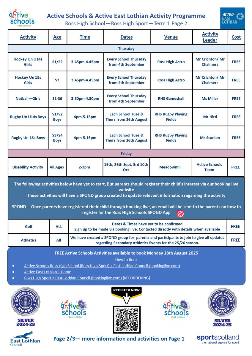 RossHighSport's tweet photo. Ross High School Active School Extra Curricular Activities 25/26 Term 1 now available to book https://t.co/C9shFLxhoI https://t.co/YXX2ka9IEN