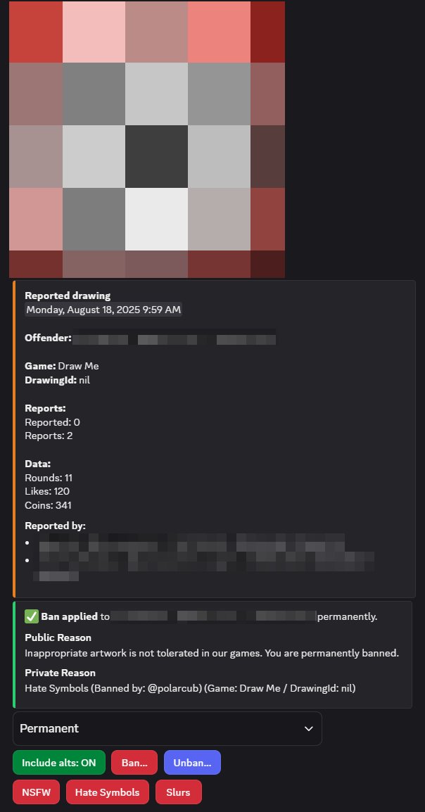 DuoBlockGames's tweet photo. We're extremely happy to announce that we have taken a step further in safety for users in our drawing games, using our ModBot! ✅

Modbot sends us any reported drawings in-game and allows us to take action swiftly to remove bad actors from our games!

#RobloxDevs #ROBLOX https://t.co/q4k6GQspta