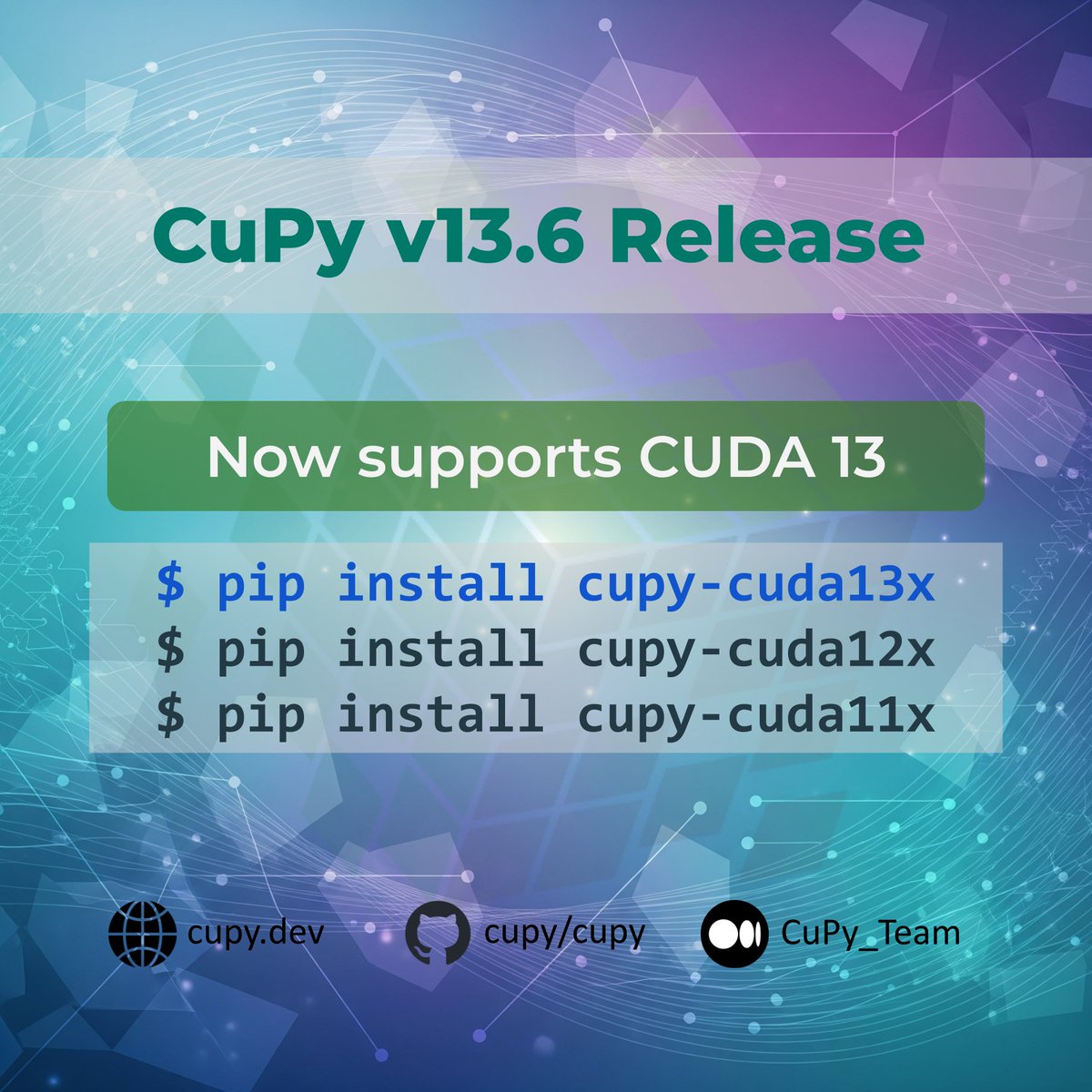 CuPy v13.6 is out, now with CUDA 13 support! 🚀
Install with: pip install cupy-cuda13x