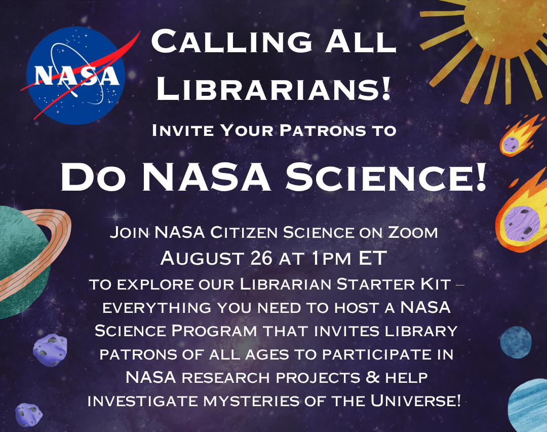 NASA STEM (@nasastem) on Twitter photo Calling all librarians!📚
Join the NASA Citizen Science team for a free webinar to explore their new Librarian Starter Kit that includes everything you need to host a NASA Science program that invites patrons of all ages to do <a href="/NASAScience_/">NASA Science</a>.
Register: gmri-org.zoom.us/meeting/regist… Calling all librarians!📚
Join the NASA Citizen Science team for a free webinar to explore their new Librarian Starter Kit that includes everything you need to host a NASA Science program that invites patrons of all ages to do <a href="/NASAScience_/">NASA Science</a>.
Register: gmri-org.zoom.us/meeting/regist…