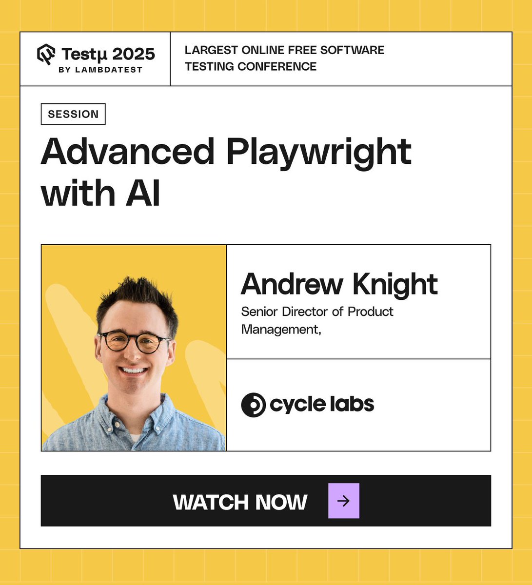 lambdatesting's tweet image. Ready to elevate your Playwright game? 🤖 Join @AutomationPanda at #TestMuConf 2025 for Advanced Playwright with AI, a session on resilient automation, smart test data management, and AI-powered debugging to boost speed and quality 🔗 bit.ly/4oGcxIo
