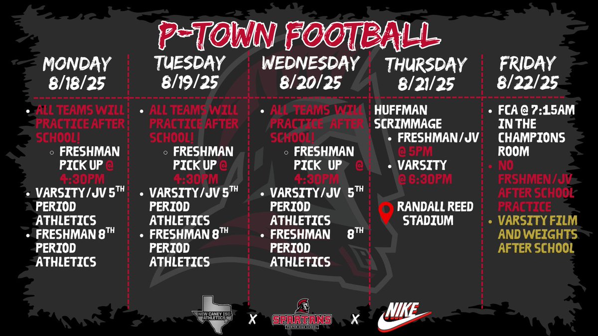 Scrimmage #2 vs Huffman this Thursday @ Randall Reed Stadium! #SpotTheBall #FAMILY #P-TOWN #PORTERSPARTANS
