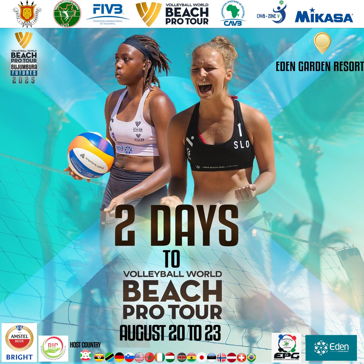 Bdi_vollleyball's tweet photo. Only 2 days to go! 
The countdown continues as we get closer to the Volleyball World Beach Pro Tour – Bujumbura Futures 2025!  
#BeachProTour #BPTBujumbura #VolleyballWorld #FIVB #CAVB #EdenGarden #FBVB #amstelbrightburundi https://t.co/YIMs9zghvt