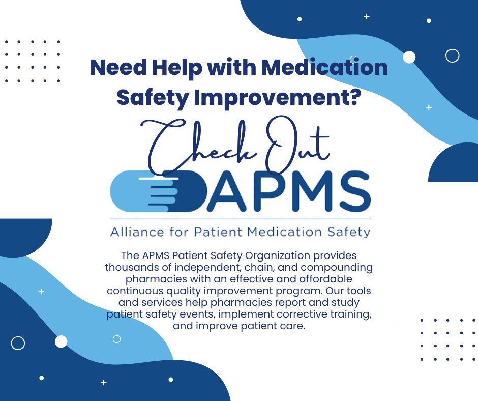 Need help with medication safety improvement? Check out APMS!
Watch their ad here: tinyurl.com/dtvs9kau
For more information: medicationsafety.org
Email: info@medicationsafety.org
#PSOPower #PatientSafety #CommunityPharmacy #MedicationSafety